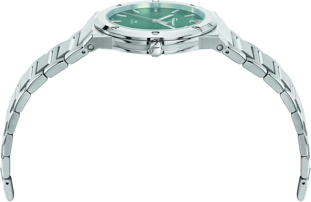 Ferragamo F-80 Silver Stainless Steel Green Dial Quartz Watch for Men's- SFDT00249