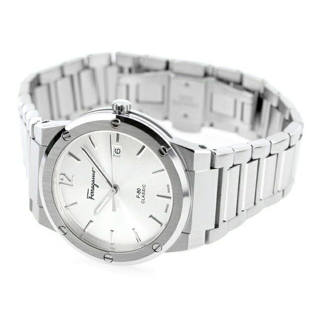 Ferragamo F-80 Classic men's watch displayed on wrist with steel bracelet