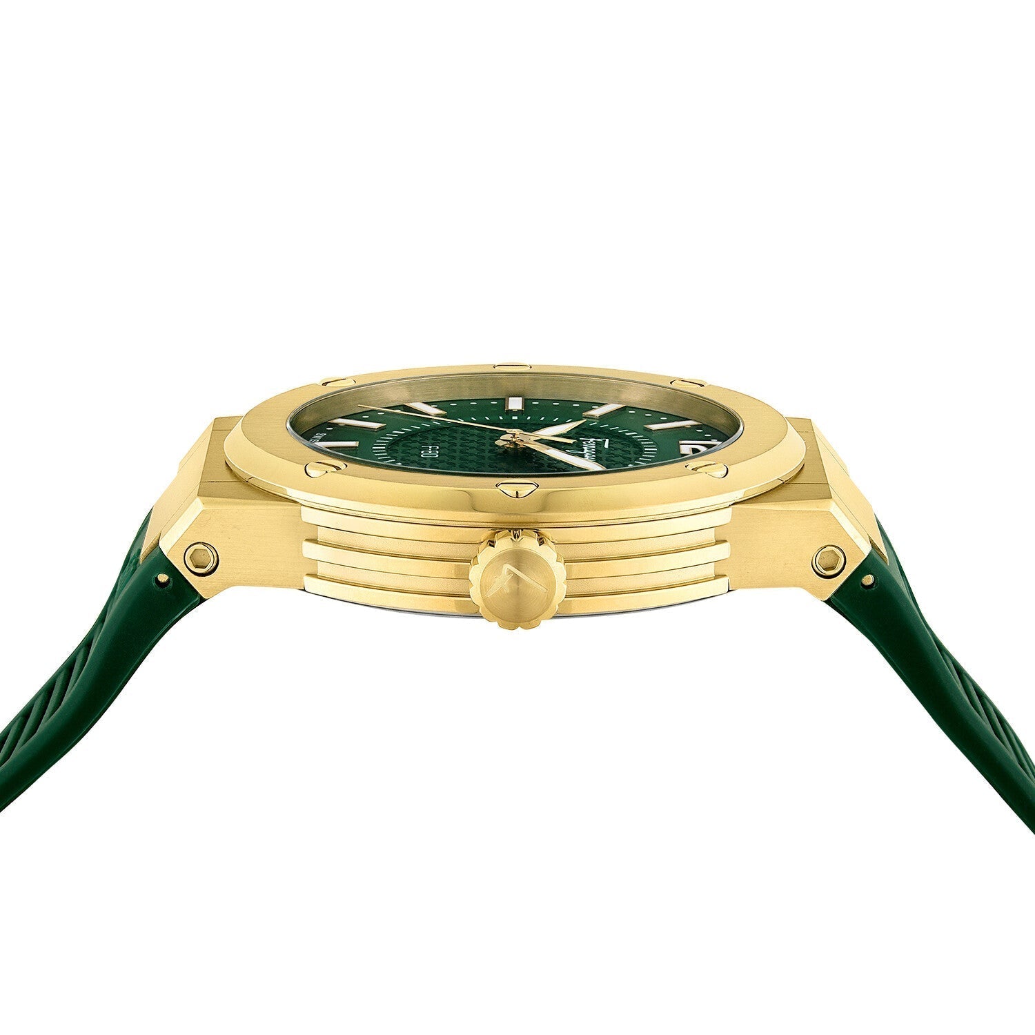 Ferragamo F-80 watch showing gold-tone case with green rubber strap
