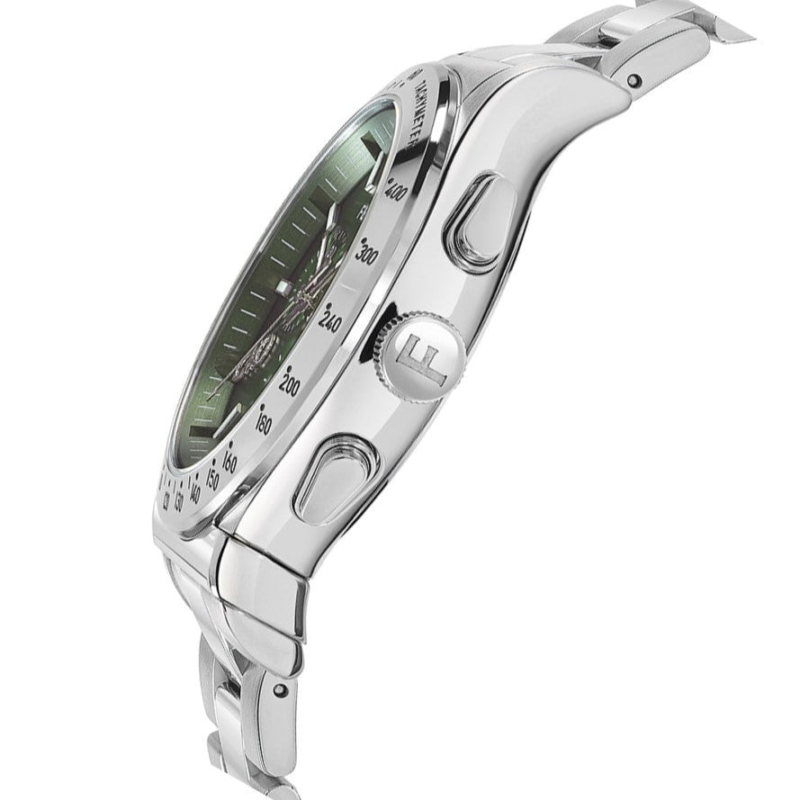 Side angle view showing case profile and silver steel bracelet