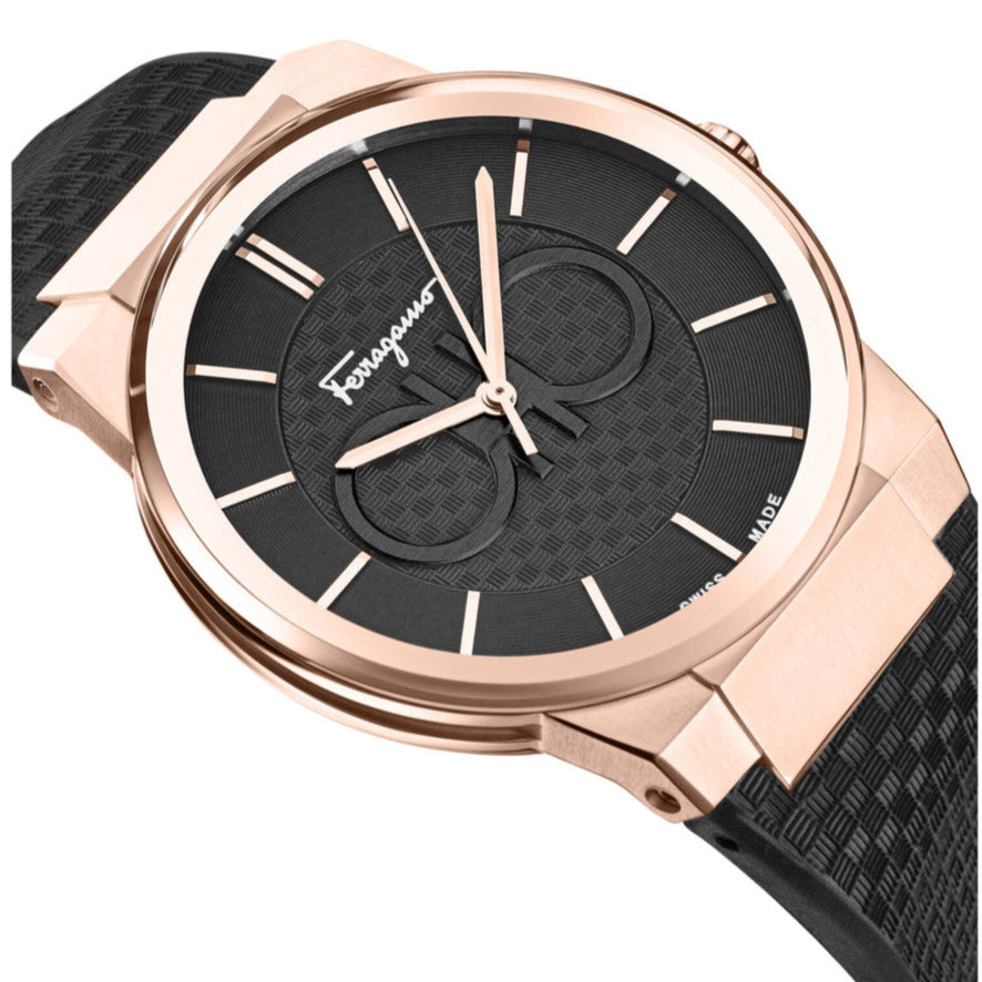 Ferragamo Salvatore Sapphire watch angled view showing rose gold bracelet case with black strap and dial
