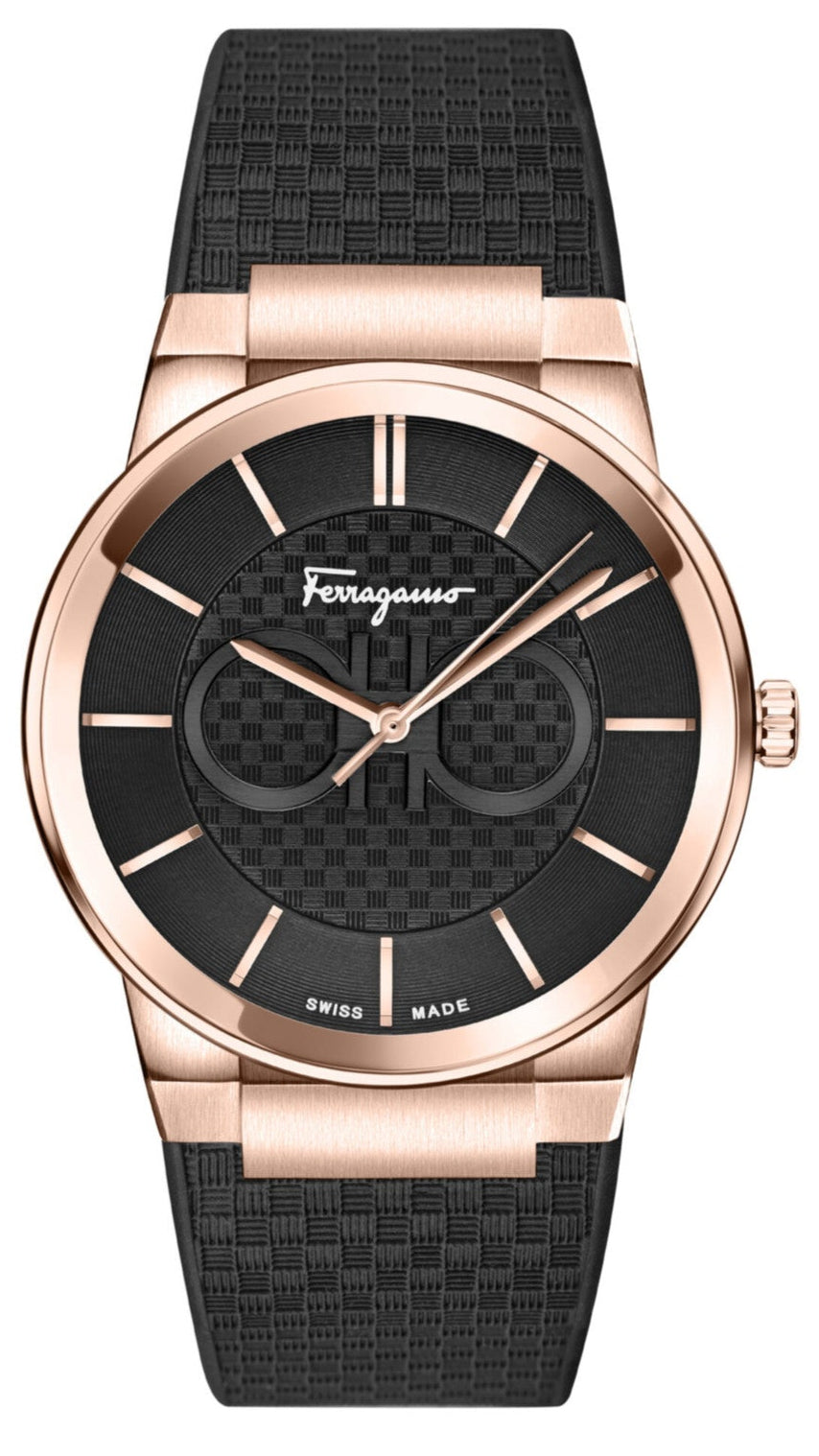 Ferragamo Salvatore Sapphire men's watch with rose gold case and black dial on black silicone strap