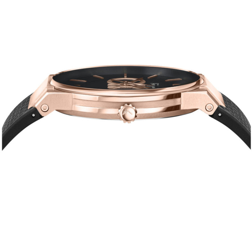 Side view of Ferragamo Salvatore Sapphire watch showing rose gold case with black silicone strap
