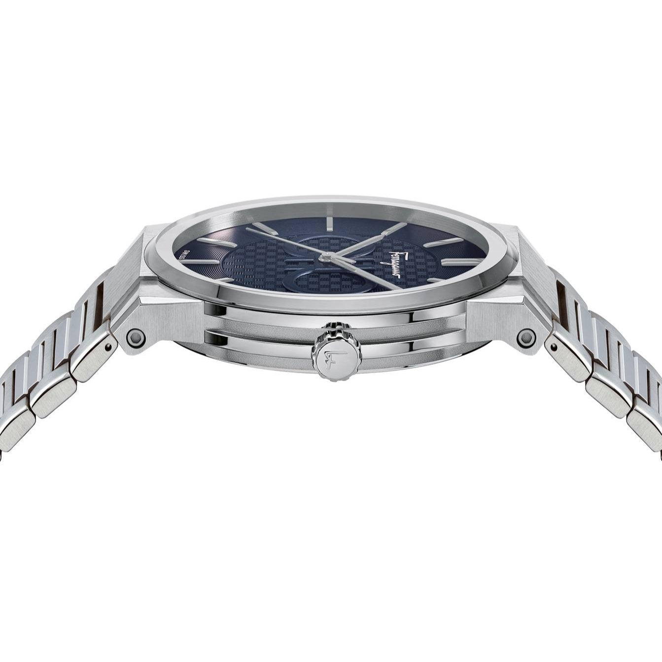 Ferragamo Salvatore men's watch side angle showing silver steel bracelet and case