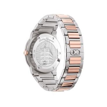 Caseback of Ferragamo Salvatore men's watch showing movement and two-tone steel bracelet