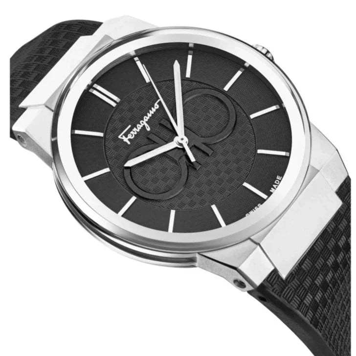 Ferragamo Sapphire men's watch at an angle, showing black dial and white hour markers