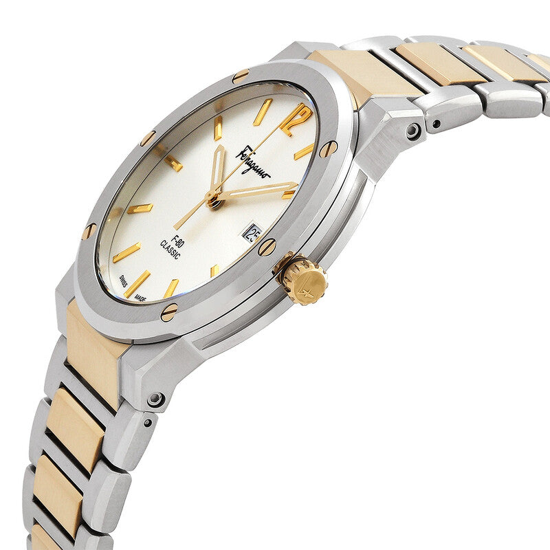 Angled view of Ferragamo F-80 quartz watch showing two-tone stainless steel and gold-plated bracelet