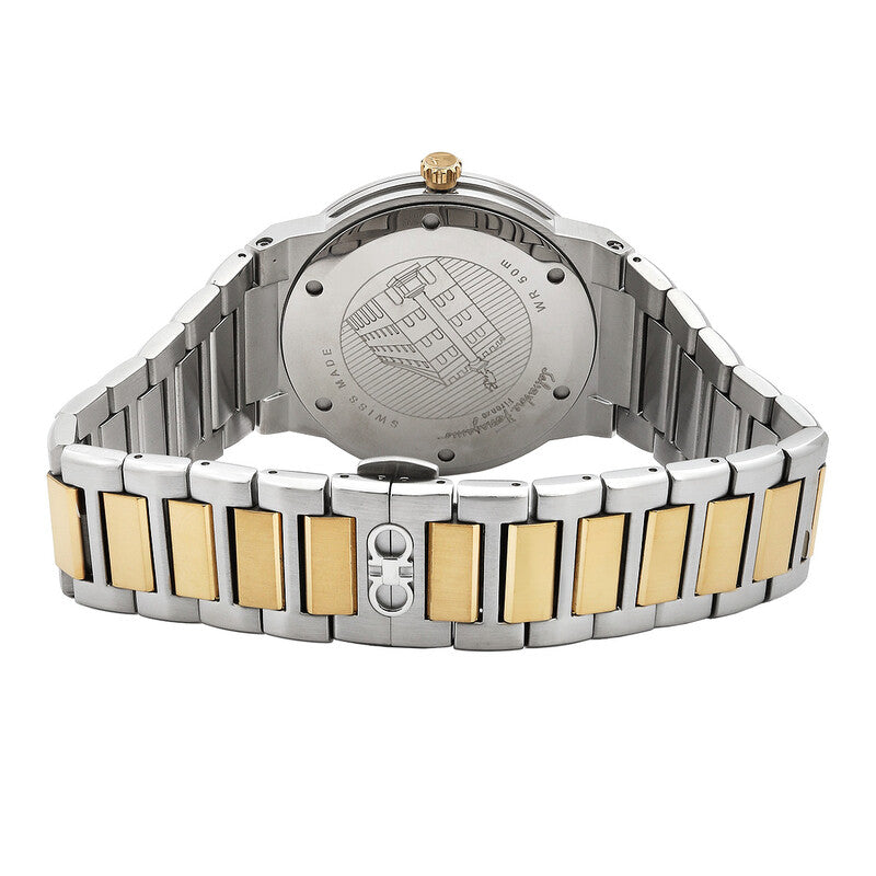 Caseback view of Ferragamo SFDT01420 watch showing stainless steel case and two-tone bracelet