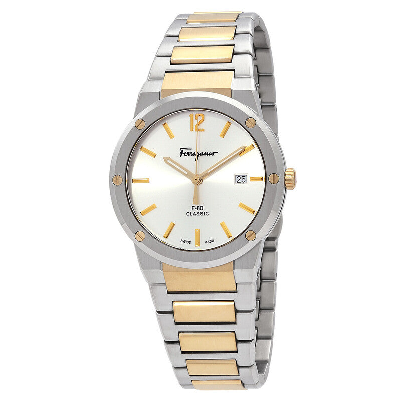 Ferragamo F-80 Classic quartz watch with silver dial, gold hour markers, two-tone bracelet