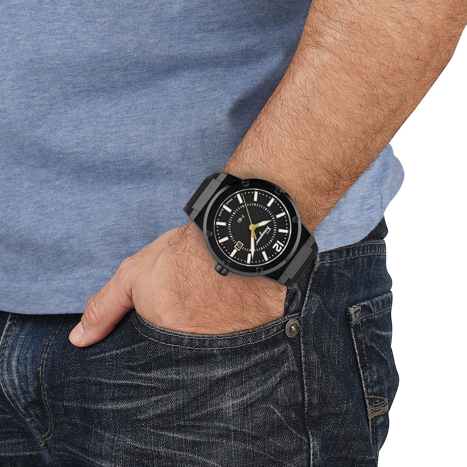 Ferragamo Swiss Made Quartz Black Silicone Strap Black Dial 44mm Men's Watch - SFHY01622