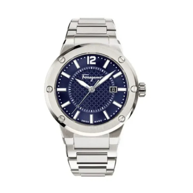Ferragamo Men's Swiss Made Quartz Silver Stainless Steel Blue Dial 44mm Watch SFHY02923