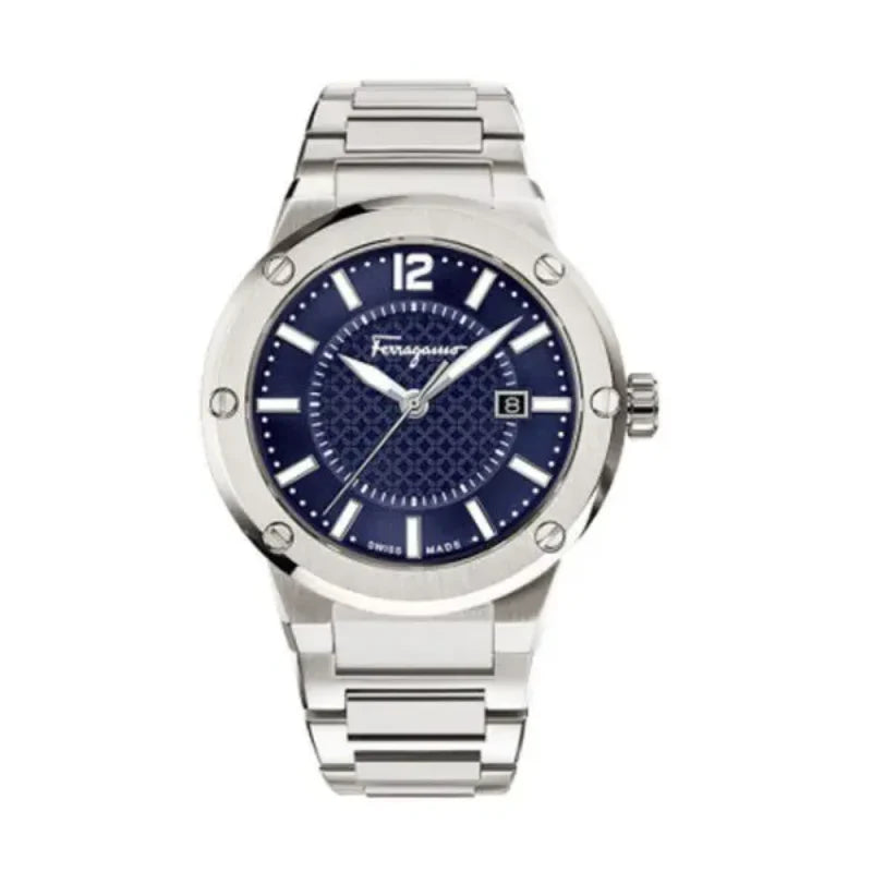Ferragamo Men's Swiss Made Quartz Silver Stainless Steel Blue Dial 44mm Watch SFHY02923