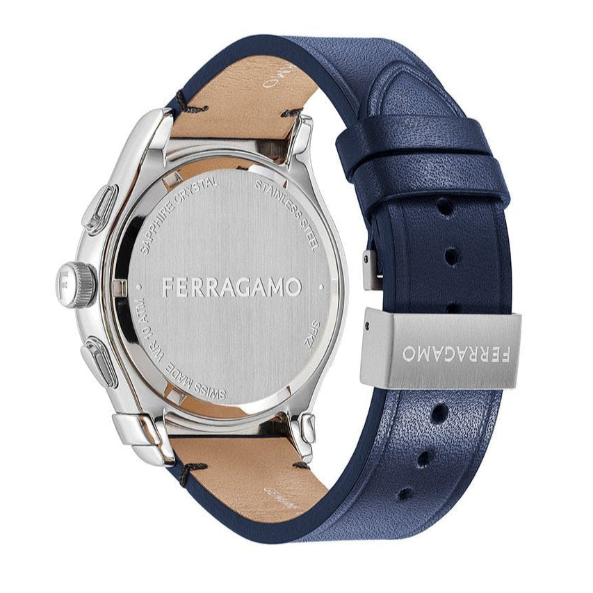 Ferragamo watch caseback showing engraved brand name and leather strap detail