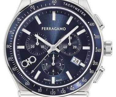 Close-up of Ferragamo watch dial showing chronograph subdials and tachymeter scale