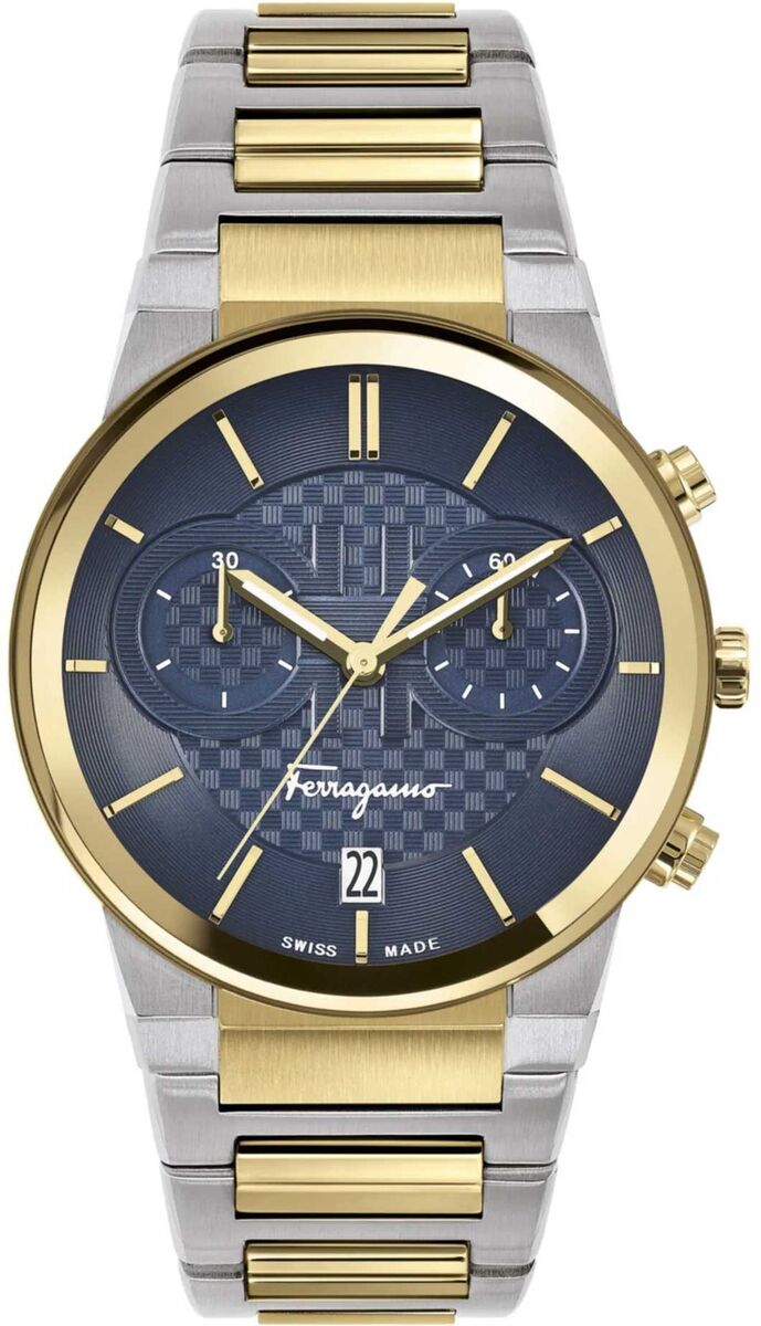 Ferragamo SFME00521 two-tone chronograph watch with blue dial and 42mm case
