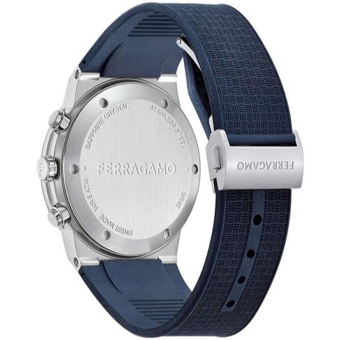 Ferragamo chronograph watch caseback with engraved branding and specifications