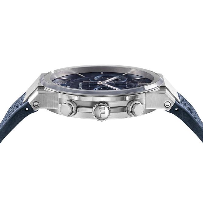 Ferragamo chronograph watch side view showing steel case, pushers, and navy strap