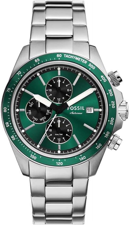 Fossil Autocross Green Dial Silver Stainless Steel Bracelet Men's Watch BQ2878