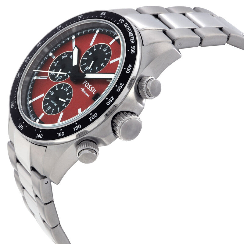 Fossil Autocross chronograph side view showing stainless steel case, red dial, and link bracelet