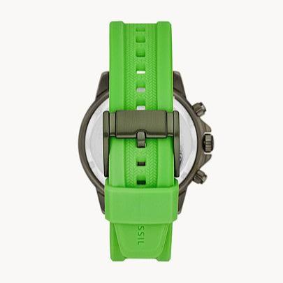 Fossil Bannon BQ2501 back view showing caseback and green silicone strap detail
