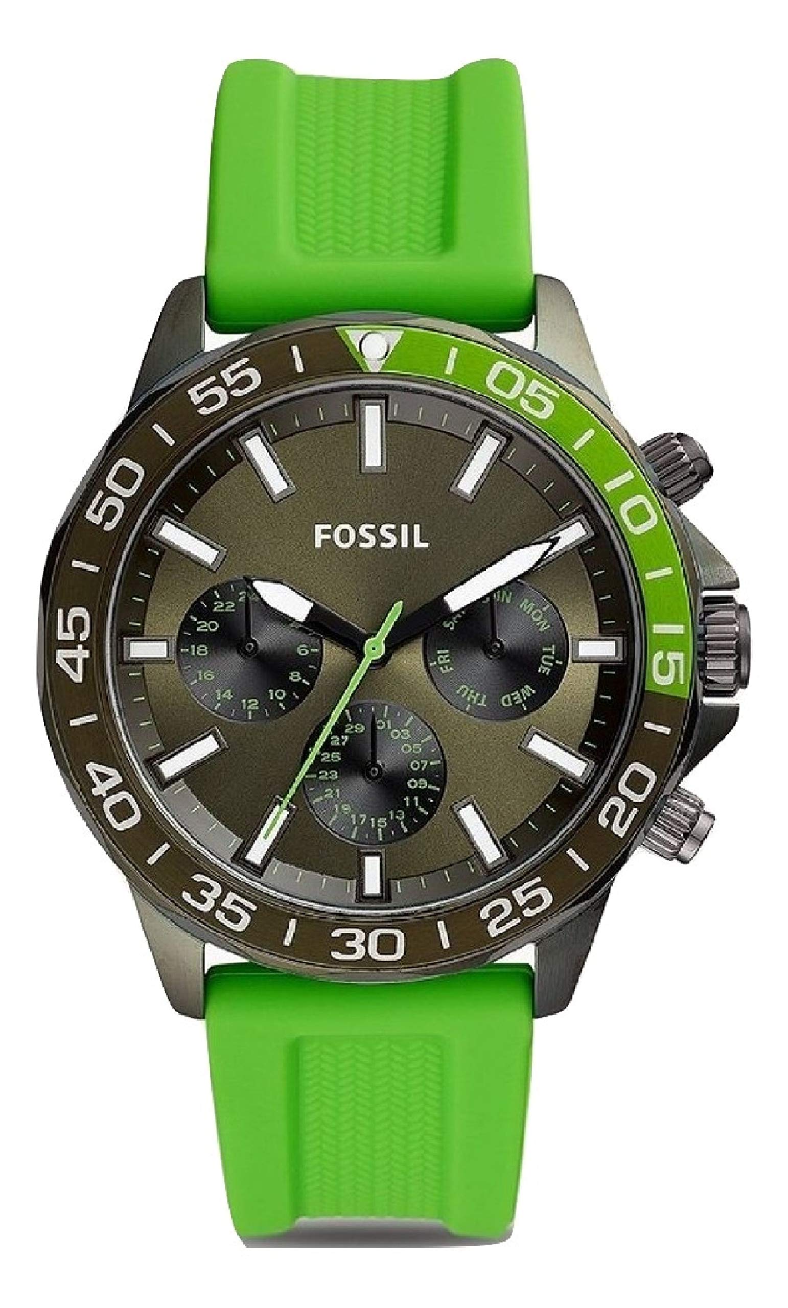 Fossil Bannon BQ2501 chronograph watch with olive dial, green silicone strap, and three subdials