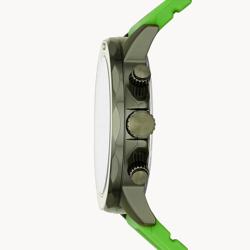 Fossil Bannon BQ2501 side profile showing case, pushers, and green silicone strap