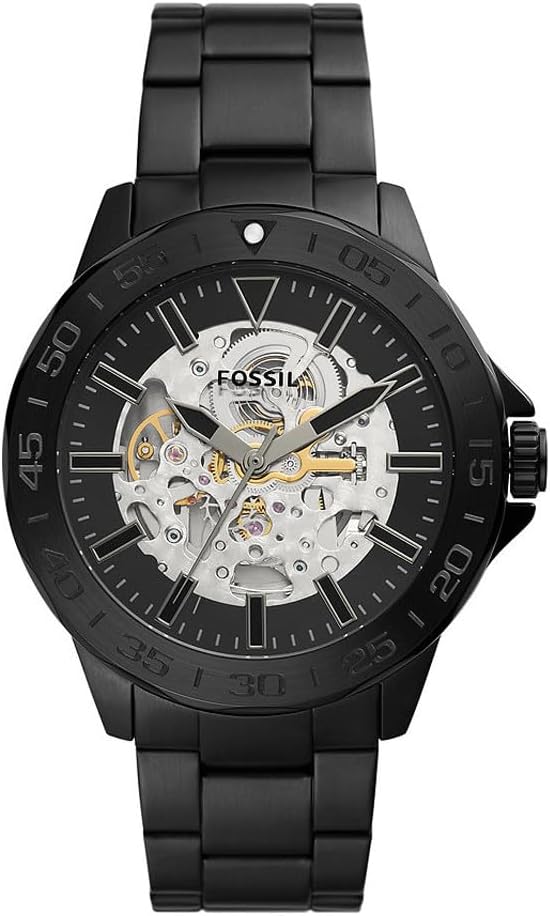 Fossil Bannon black-tone automatic men's watch with skeleton dial and stainless steel bracelet