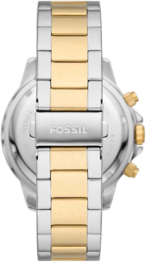 Fossil Bannon watch back view showing two-tone stainless steel bracelet and case
