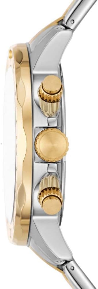 Side view of Fossil Bannon watch showing chronograph pushers and two-tone bracelet