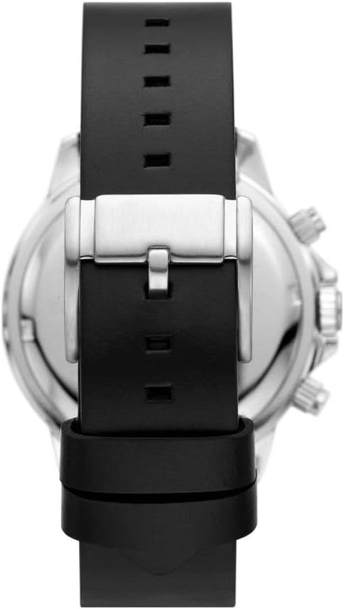 Case back of Fossil Bannon watch showing stainless steel and black leather strap with deployment clasp