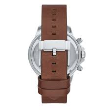 Fossil Bannon watch case back view showing brown leather strap attachment