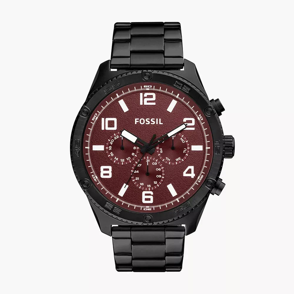 Fossil Quartz Black Stainless Steel Burgundy Dial 50mm Men's Watch BQ2803