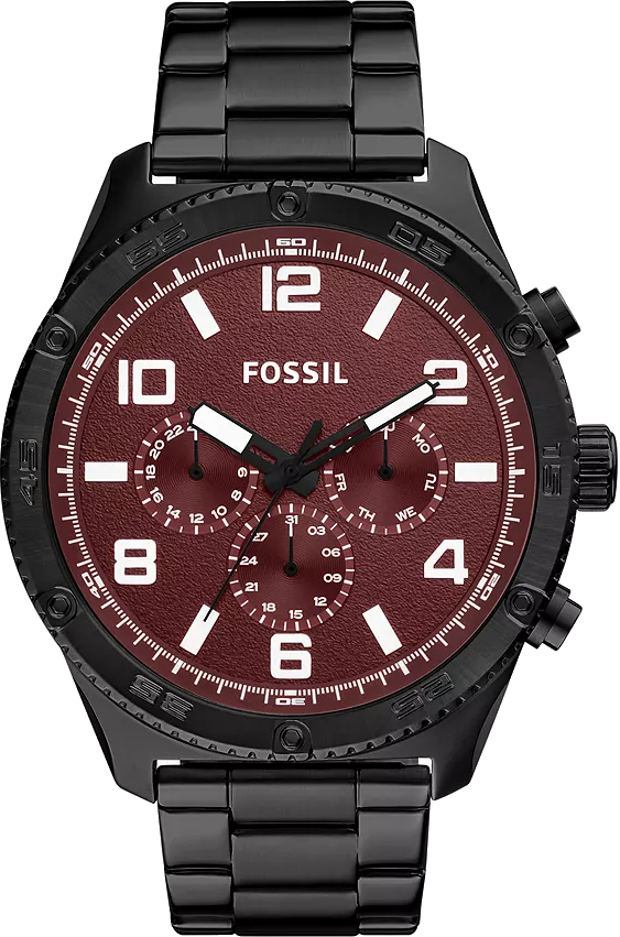 Fossil Quartz Black Stainless Steel Burgundy Dial 50mm Men's Watch BQ2803