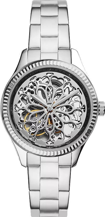 Fossil BQ3753 skeleton watch with stainless steel bracelet and visible automatic movement dial