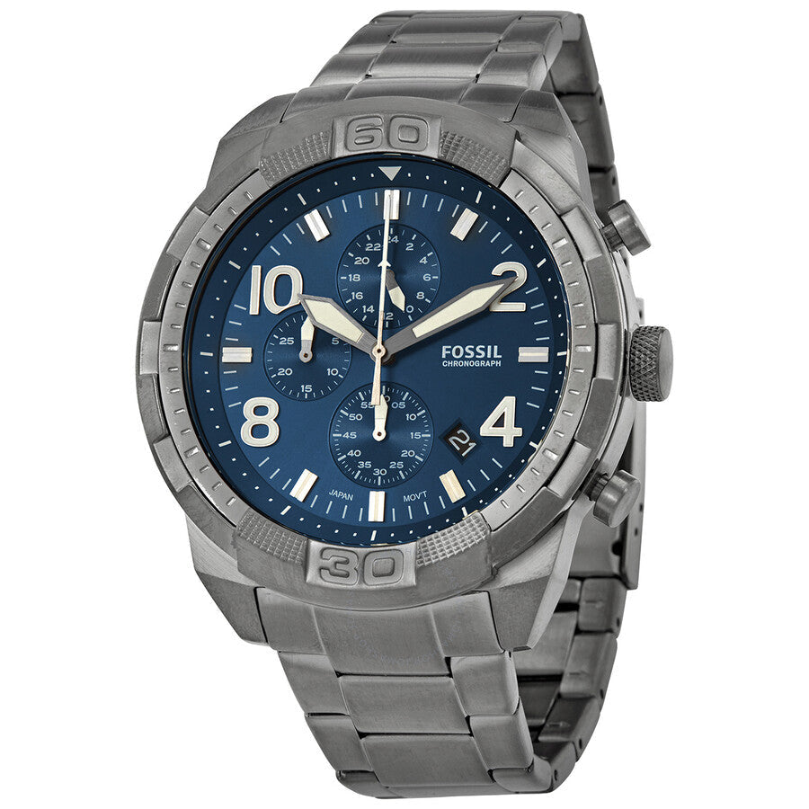 Fossil Bronson chronograph watch with blue dial, steel case, and metal bracelet