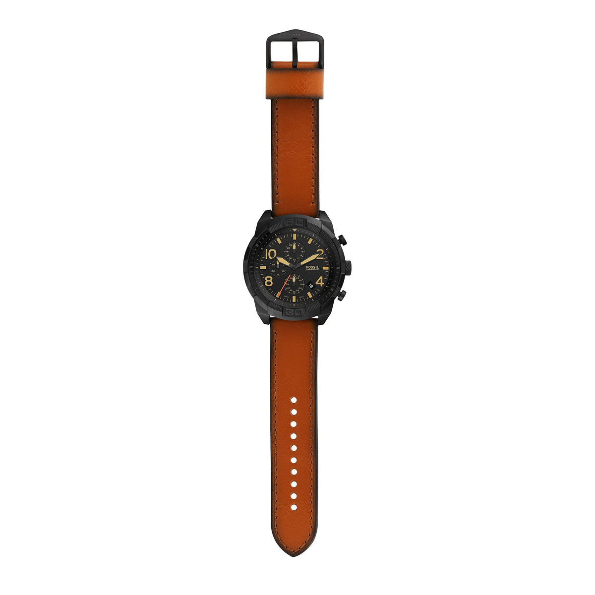 Fossil Bronson FS5714 chronograph men's watch with brown leather strap and black stainless steel case worn on wrist