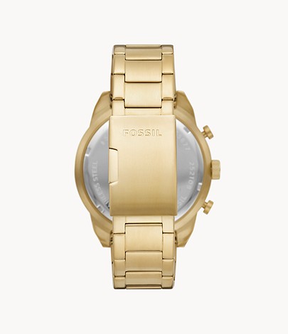 Caseback of Fossil Bronson FS5877 showing gold stainless steel bracelet attachment