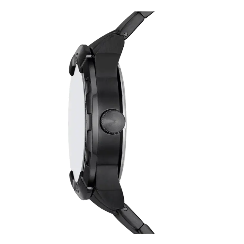 Fossil Bronson ME3256 watch shown from angled side profile displaying black stainless steel bracelet