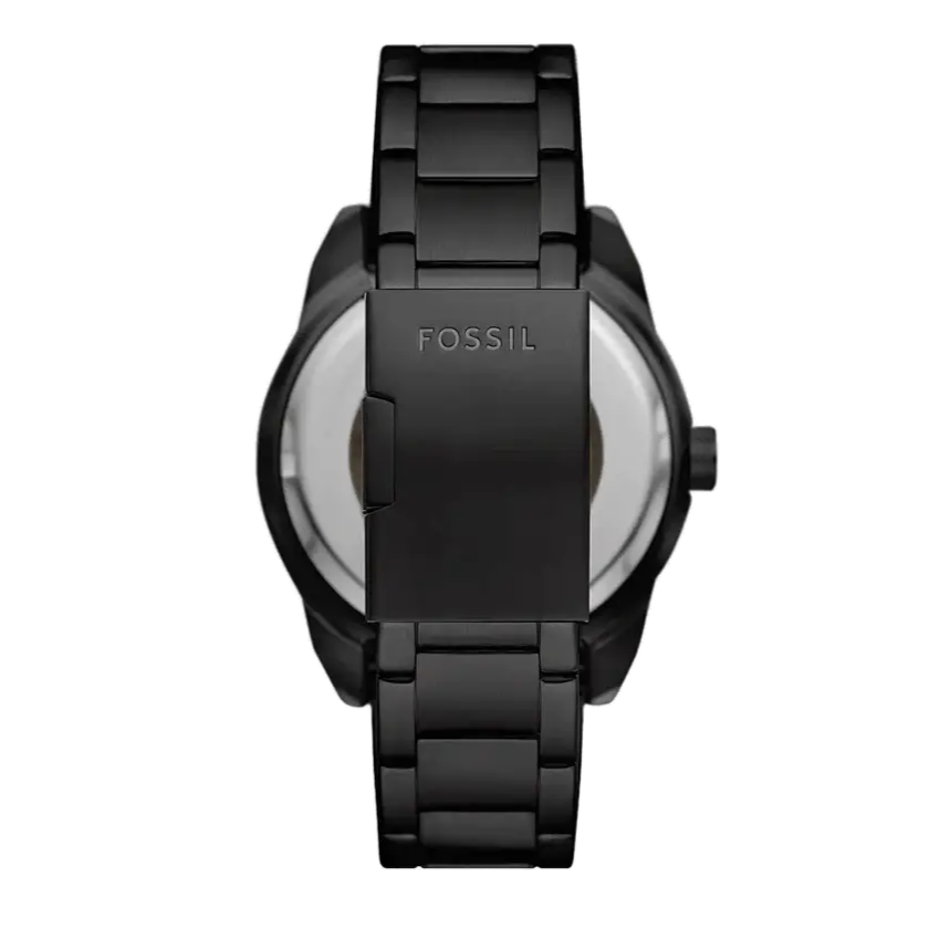 Fossil Bronson ME3256 side view of black stainless steel case and bracelet