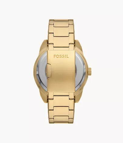 Fossil Bronson ME3257 caseback showing gold steel bracelet and strap