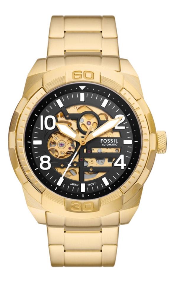Fossil Bronson automatic skeleton watch with black dial and gold steel case