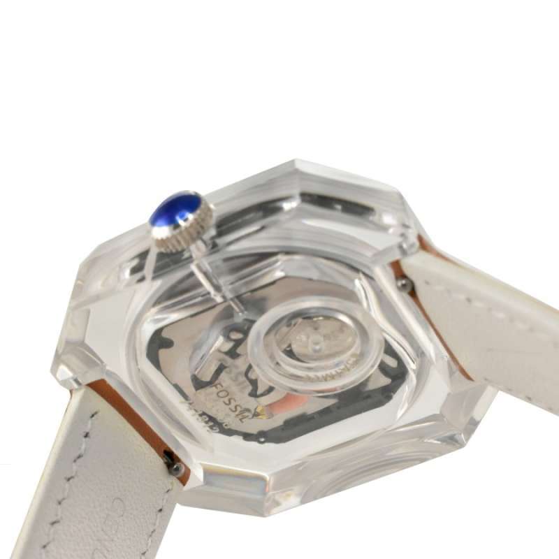 Fossil Candy ES3538 transparent caseback displaying quartz movement with blue crown