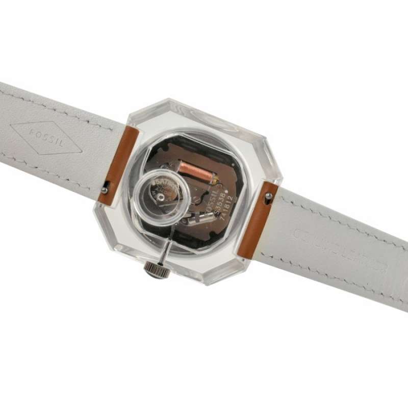 Fossil Candy ES3538 caseback view showing internal mechanism and visible movement