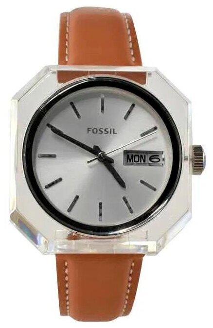 Fossil Candy watch with white dial, octagonal clear case, brown leather strap, and day-date window