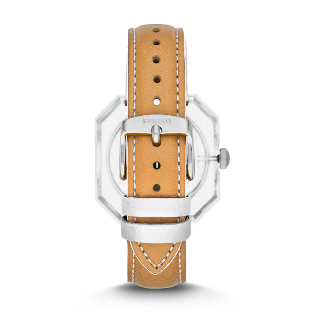 Fossil Candy ES3538 women's watch with octagonal case, white dial, and tan brown leather strap