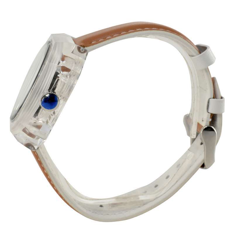 Fossil Candy ES3538 watch side view displaying white and brown leather strap with white underside