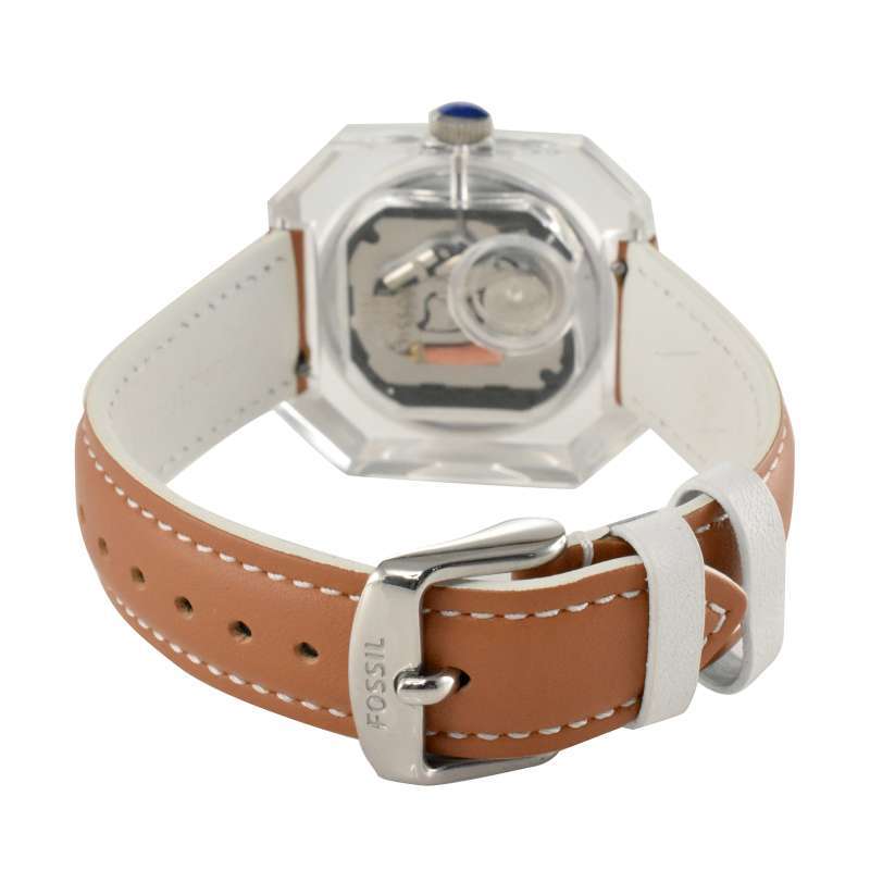 Fossil Candy ES3538 brown leather strap with white contrast stitching and metal buckle clasp