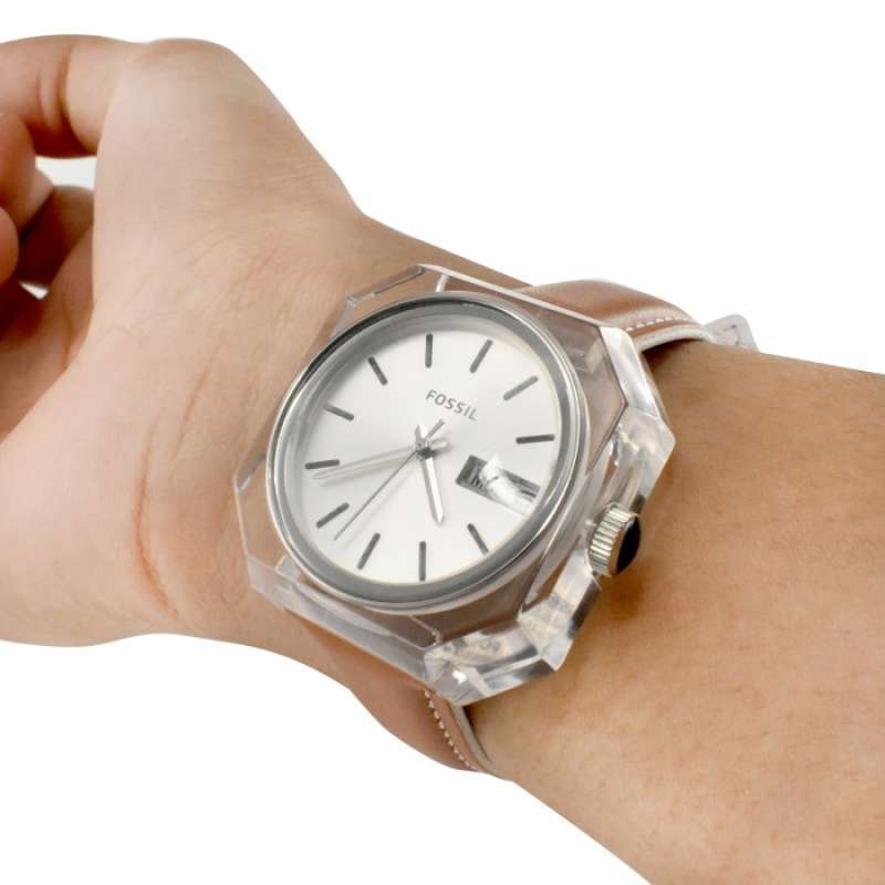 Fossil Candy ES3538 watch worn on wrist displaying white dial and octagonal clear case design
