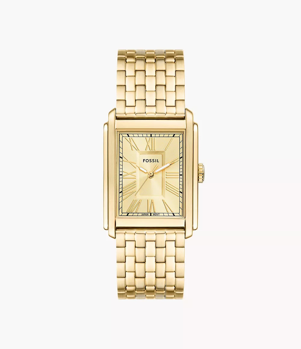Fossil Carraway FS6009 three-hand gold-tone watch front view with champagne dial
