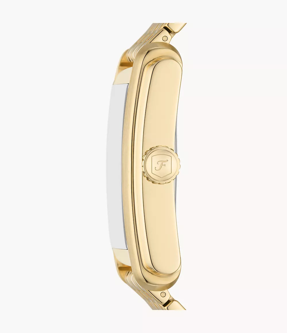 Fossil Carraway FS6009 side profile showing rectangular gold-tone case and push crown